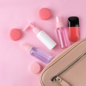 Beauty products in a toiletry back