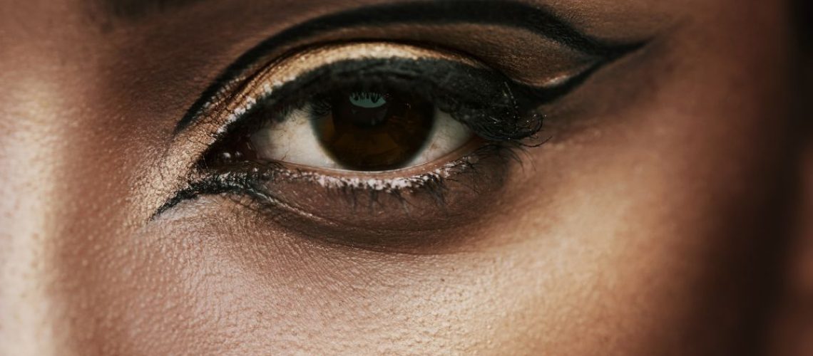 Close up of one eye with winged eyeliner